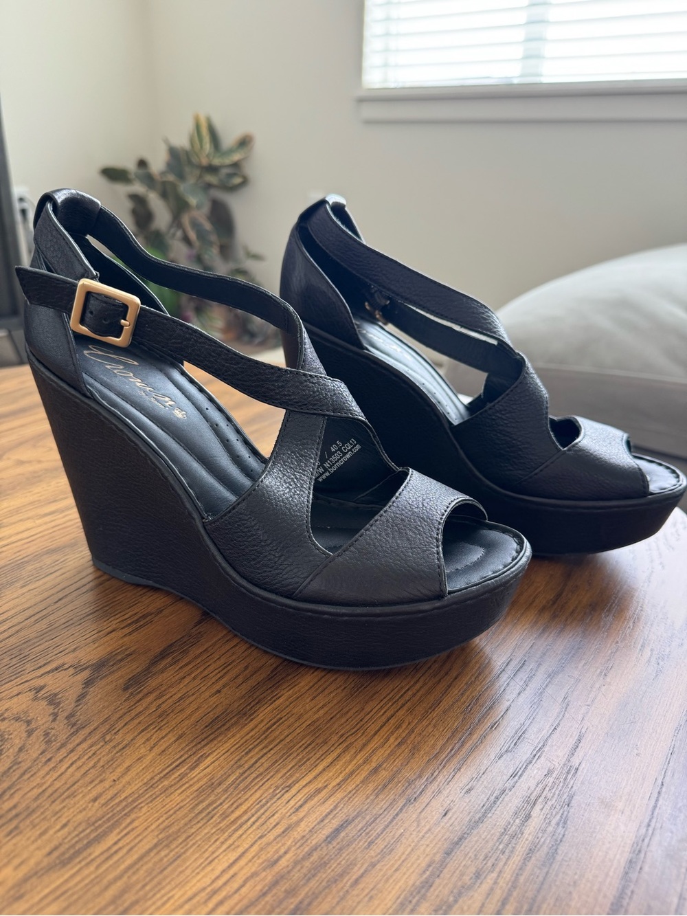 Crown by BORN - Platform Leather Wedge Sandals in Black with Buckle Strap